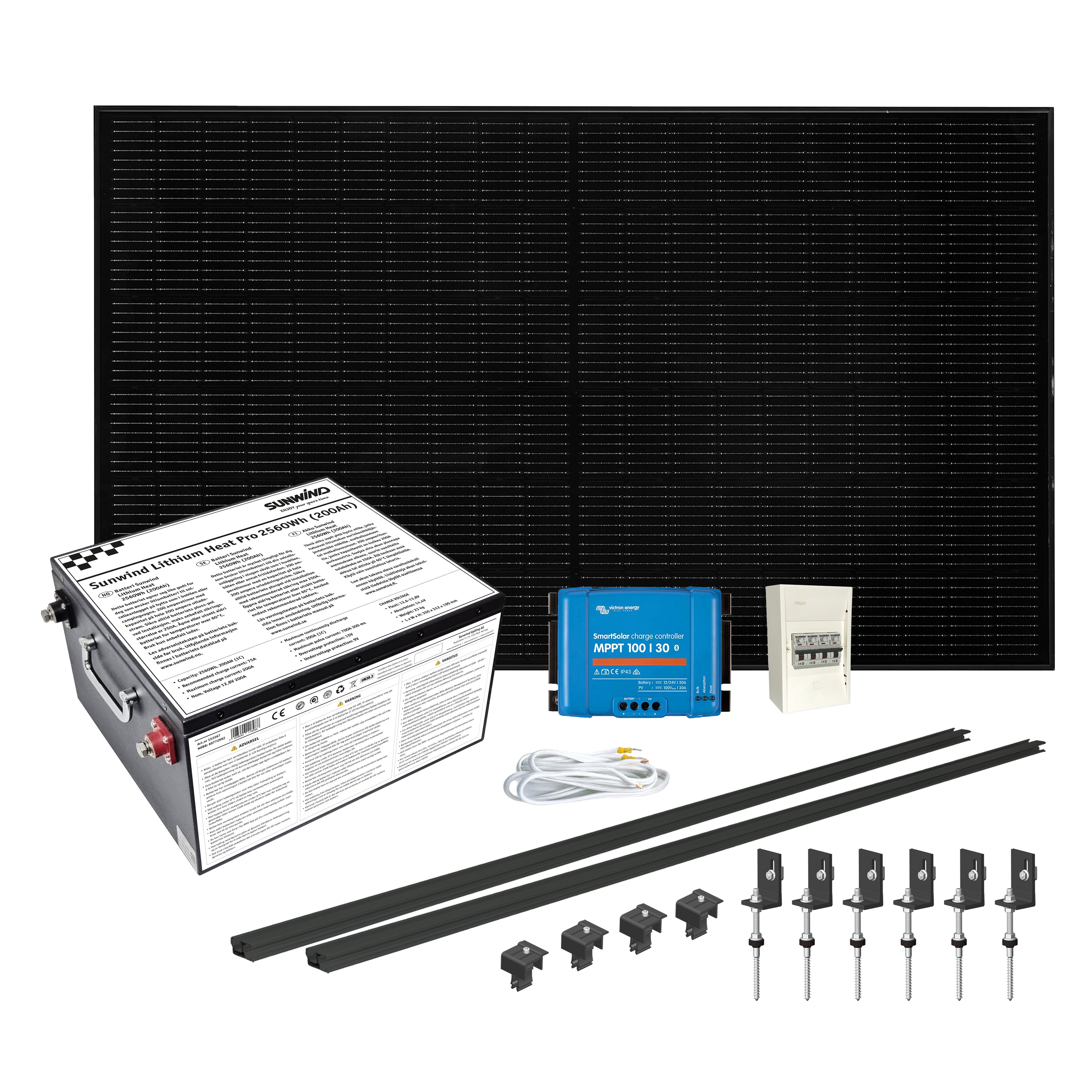 Solcelleanlegg 12V, 430 watt, Litium heat 200At